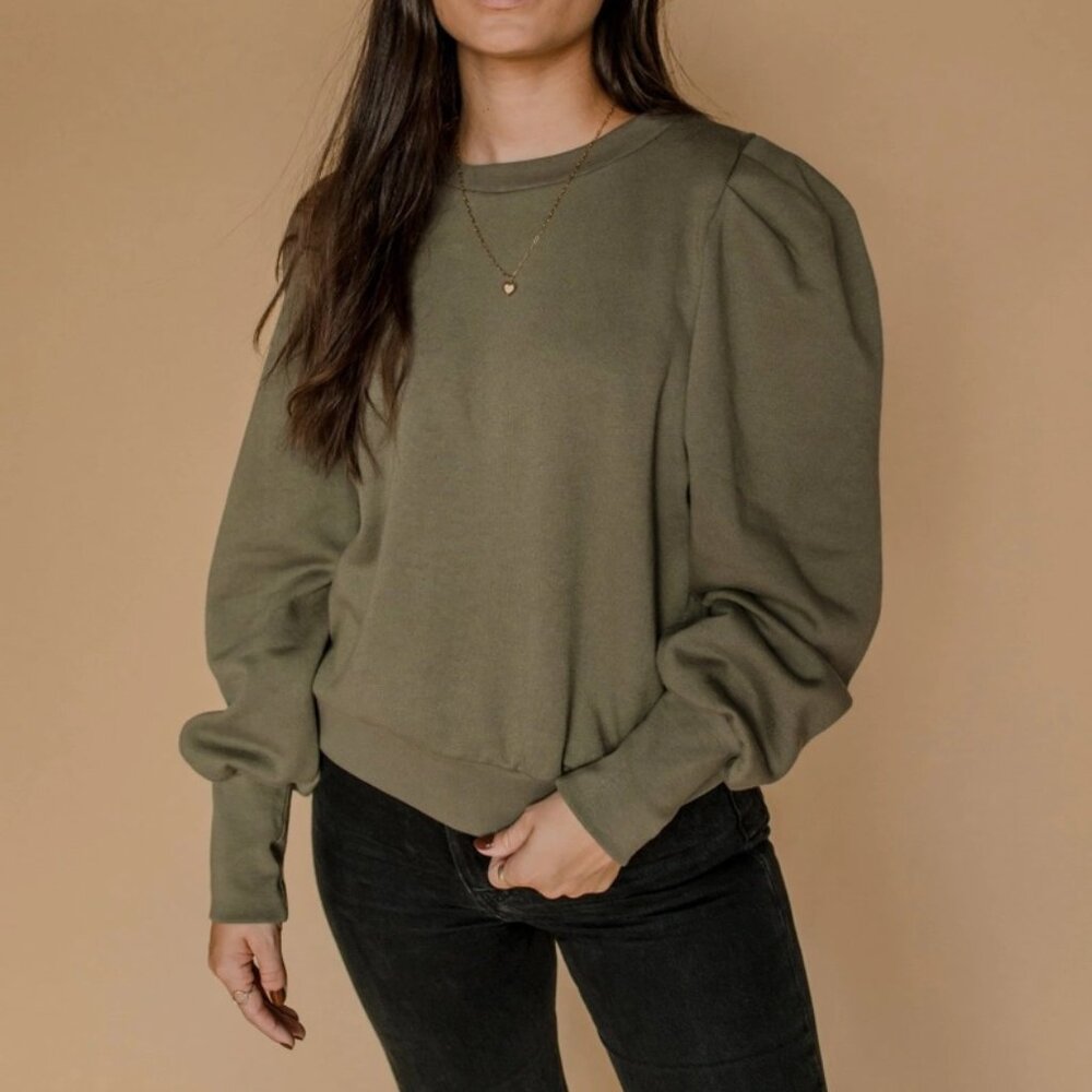 NWT Retro Puff Sleeves Pullover Sweatshirt Khaki Green